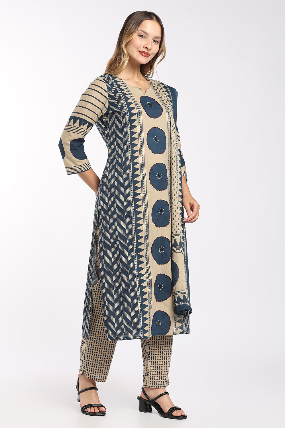 Mythri Women’s Cotton Printed Chudidar Set | 3 Piece Kurta Set with 3/4 Sleeves | Regular Fit Ethnic Suit Set for Daily Office & Casual Wear - 1434