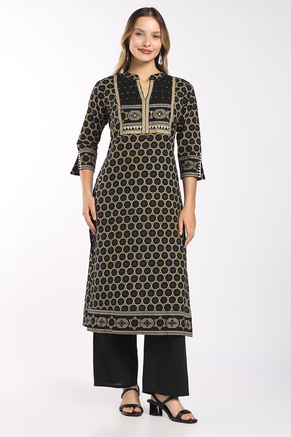 Mythri Women's Cotton Printed Salwar Set | Mandarin Collar Notch Neck Chudidar Set with 3/4 Sleeves | Daily, Office & Casual Ethnic Wear - 1519