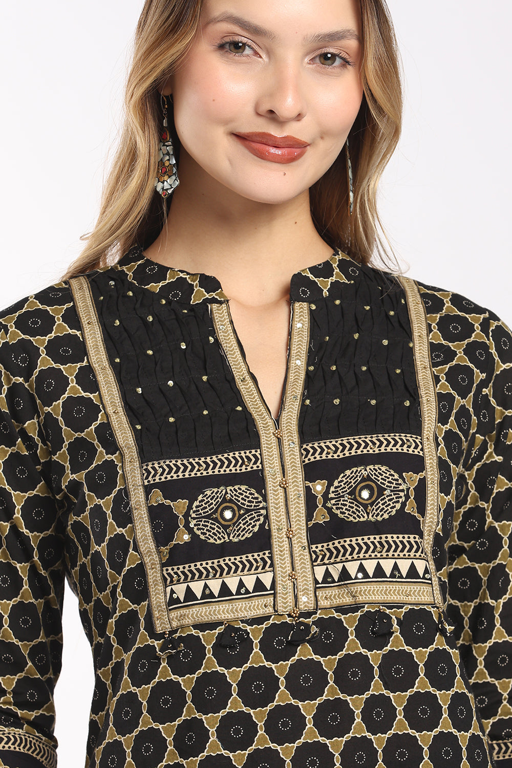Mythri Women's Cotton Printed Salwar Set | Mandarin Collar Notch Neck Chudidar Set with 3/4 Sleeves | Daily, Office & Casual Ethnic Wear - 1519