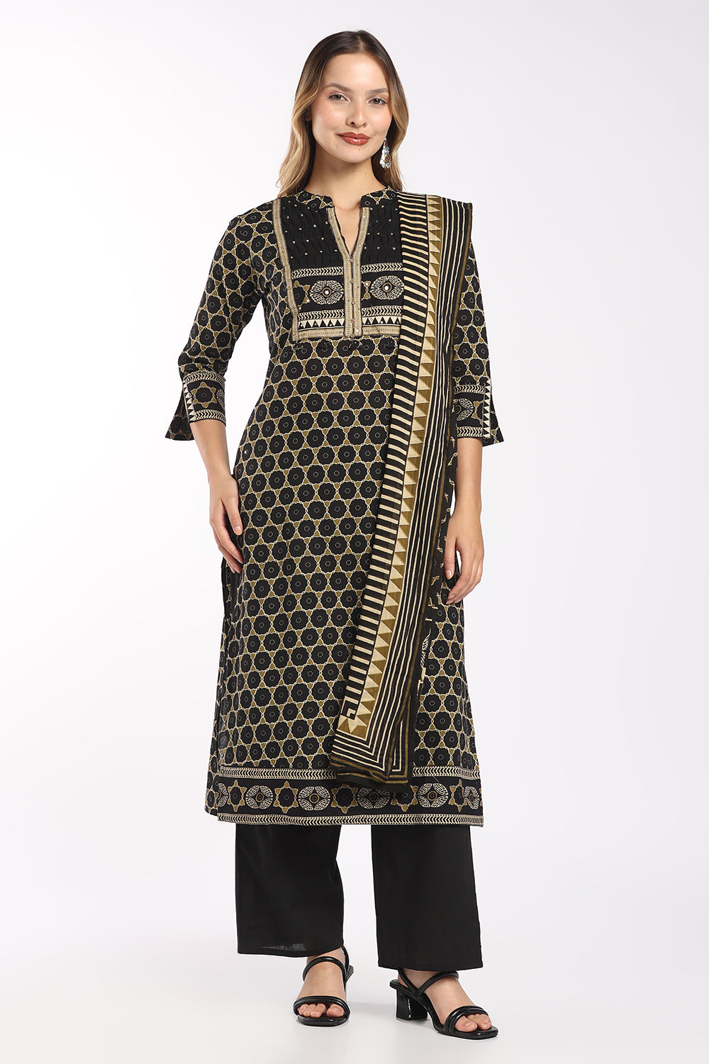 Mythri Women's Cotton Printed Salwar Set | Mandarin Collar Notch Neck Chudidar Set with 3/4 Sleeves | Daily, Office & Casual Ethnic Wear - 1519