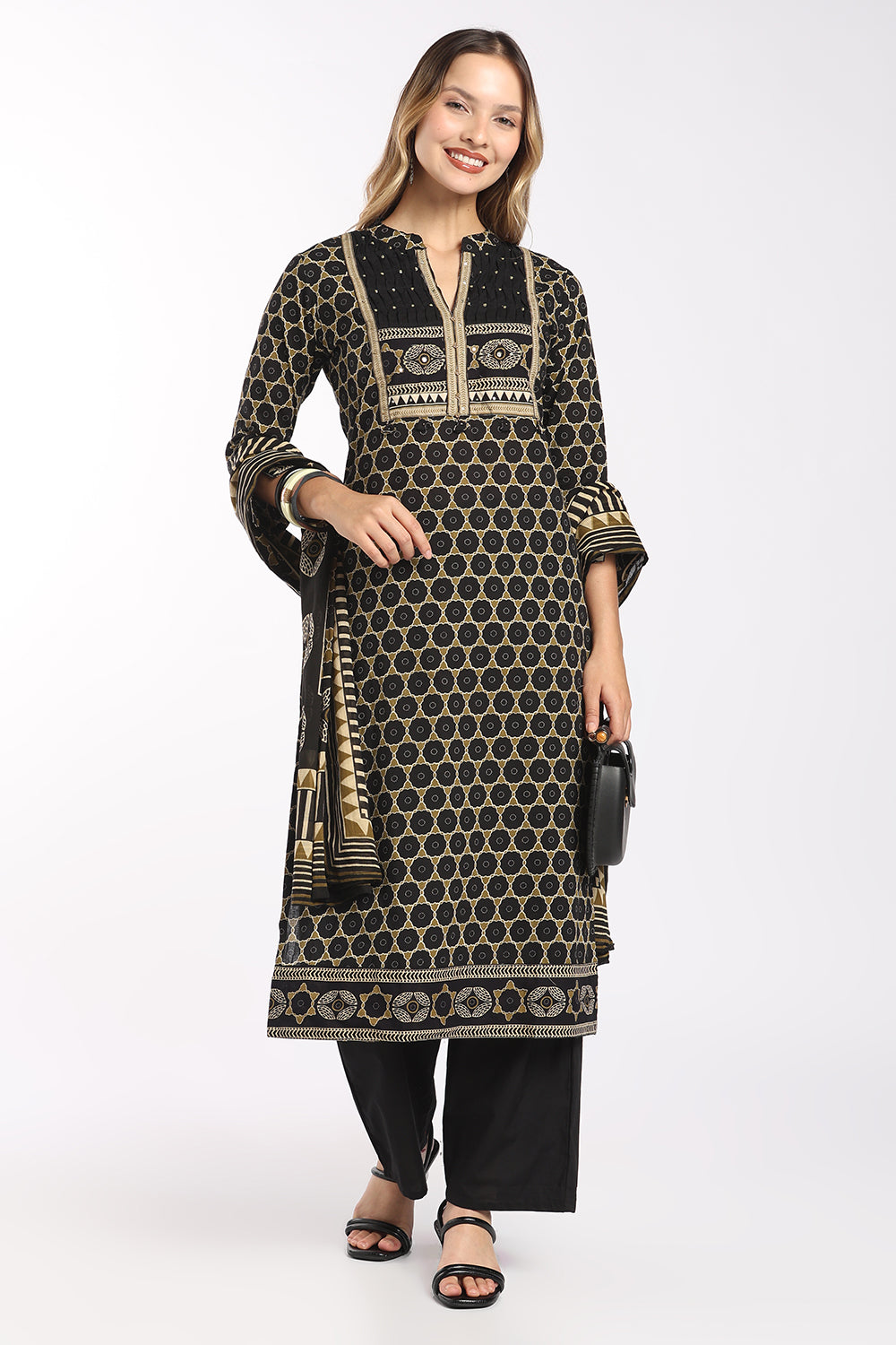 Mythri Women's Cotton Printed Salwar Set | Mandarin Collar Notch Neck Chudidar Set with 3/4 Sleeves | Daily, Office & Casual Ethnic Wear - 1519