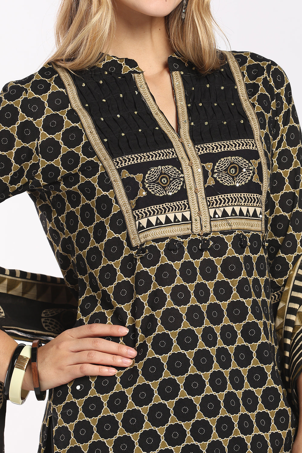 Mythri Women's Cotton Printed Salwar Set | Mandarin Collar Notch Neck Chudidar Set with 3/4 Sleeves | Daily, Office & Casual Ethnic Wear - 1519