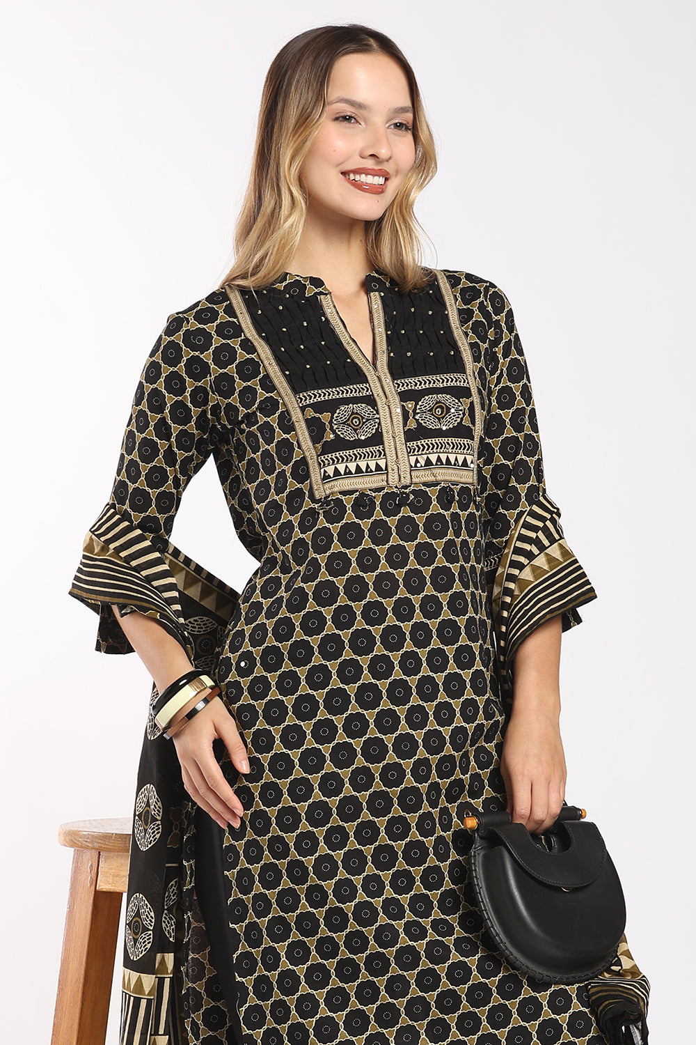 Mythri Women's Cotton Printed Salwar Set | Mandarin Collar Notch Neck Chudidar Set with 3/4 Sleeves | Daily, Office & Casual Ethnic Wear - 1519