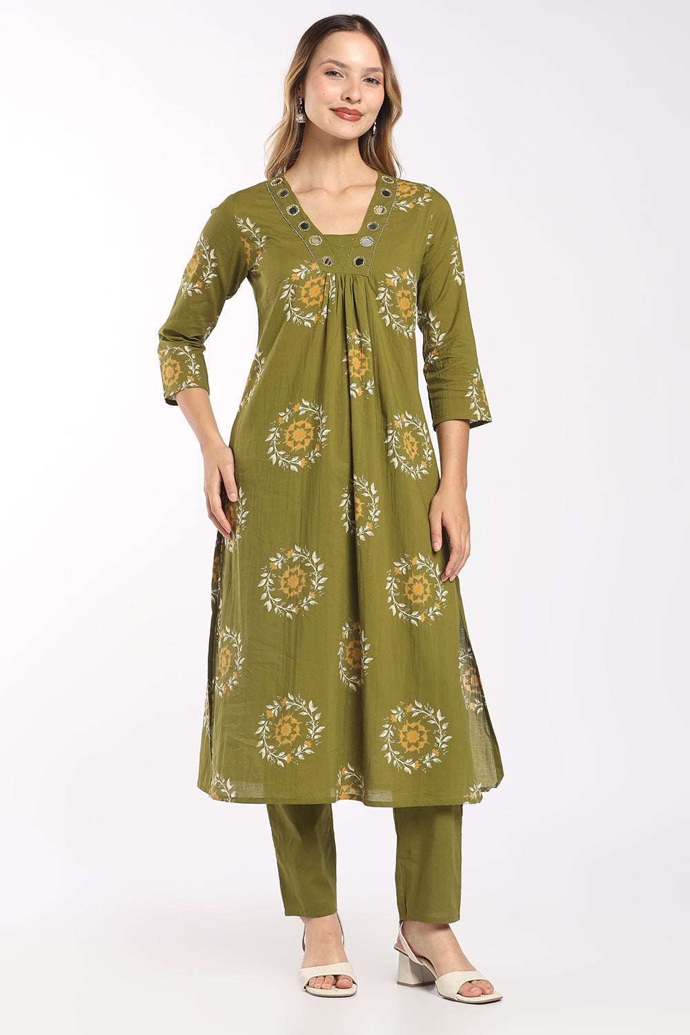 Mythri Women’s Printed Cotton Co-ord Set | 3/4 Sleeve Kurti and Pant Set for Women | Regular Fit Everyday Ethnic Wear - 1399