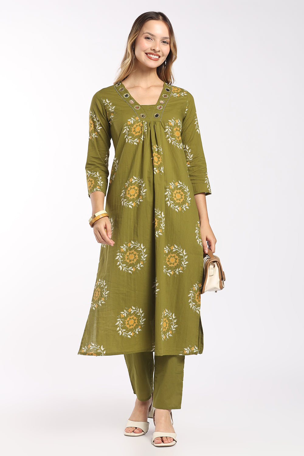 Mythri Women’s Printed Cotton Co-ord Set | 3/4 Sleeve Kurti and Pant Set for Women | Regular Fit Everyday Ethnic Wear - 1399