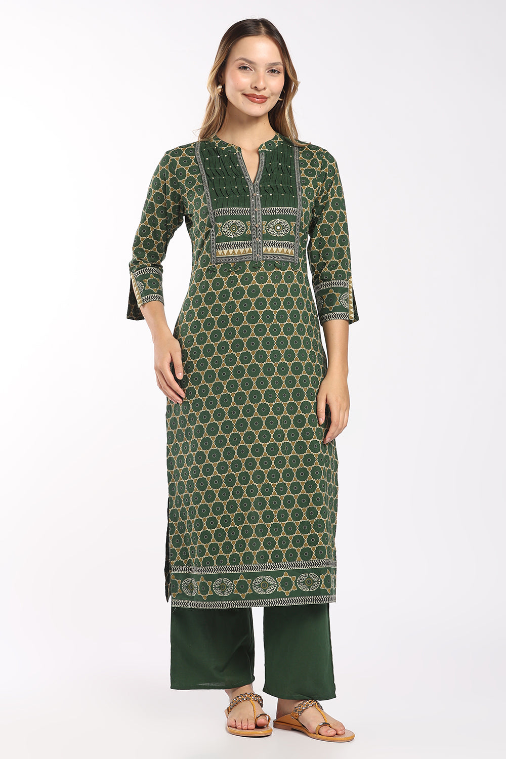 Mythri Women's Cotton Printed Salwar Set | Mandarin Collar Notch Neck Chudidar Set with 3/4 Sleeves | Daily, Office & Casual Ethnic Wear - 1519