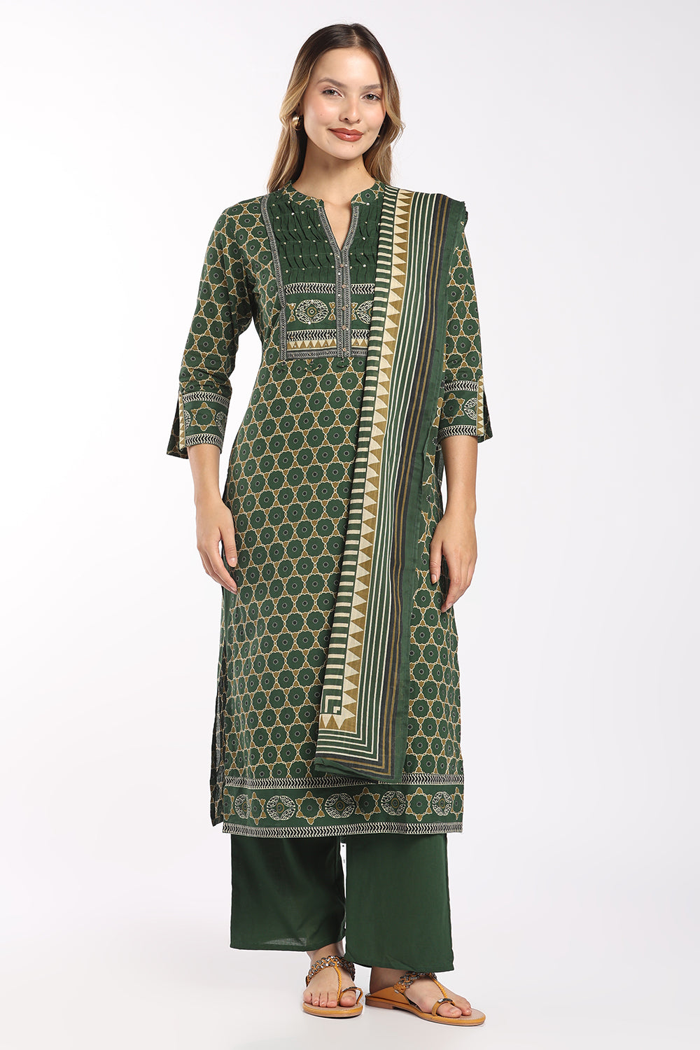 Mythri Women's Cotton Printed Salwar Set | Mandarin Collar Notch Neck Chudidar Set with 3/4 Sleeves | Daily, Office & Casual Ethnic Wear - 1519