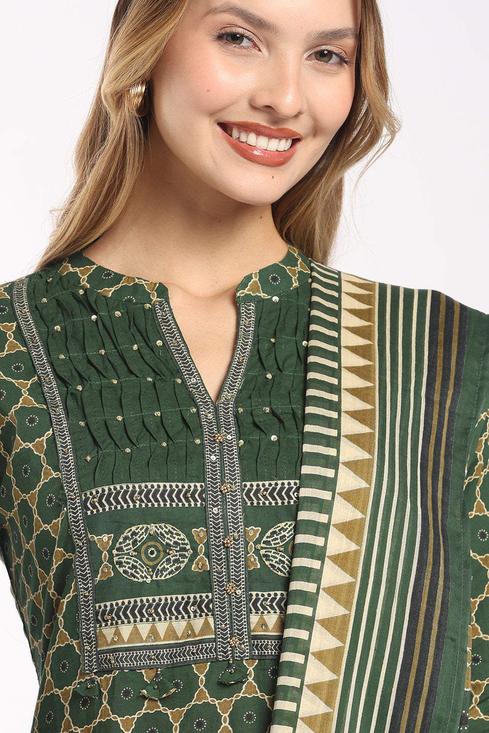 Mythri Women's Cotton Printed Salwar Set | Mandarin Collar Notch Neck Chudidar Set with 3/4 Sleeves | Daily, Office & Casual Ethnic Wear - 1519