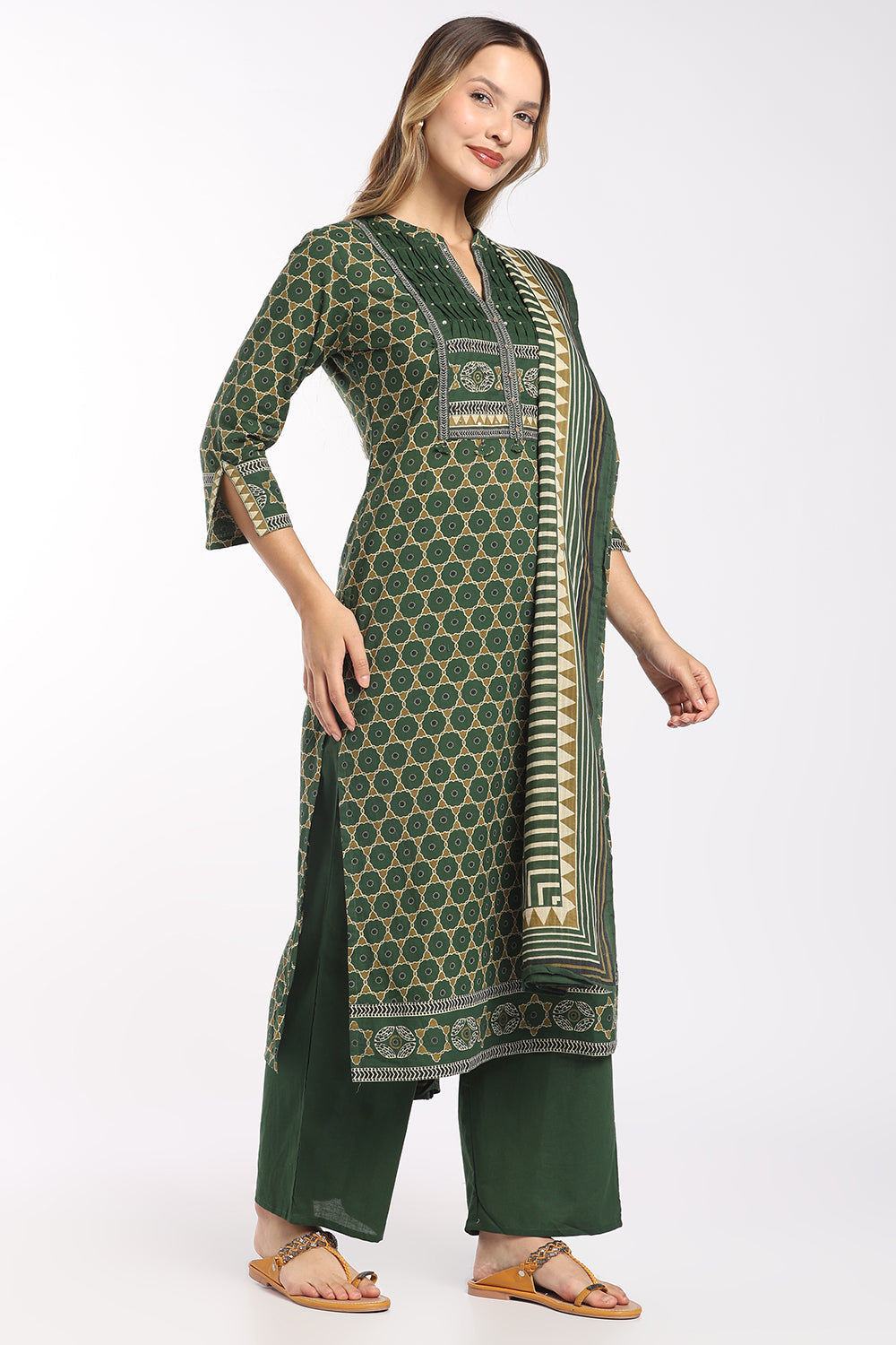 Mythri Women's Cotton Printed Salwar Set | Mandarin Collar Notch Neck Chudidar Set with 3/4 Sleeves | Daily, Office & Casual Ethnic Wear - 1519