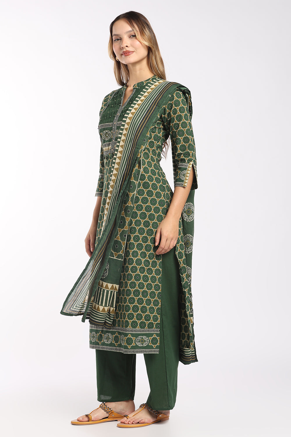 Mythri Women's Cotton Printed Salwar Set | Mandarin Collar Notch Neck Chudidar Set with 3/4 Sleeves | Daily, Office & Casual Ethnic Wear - 1519