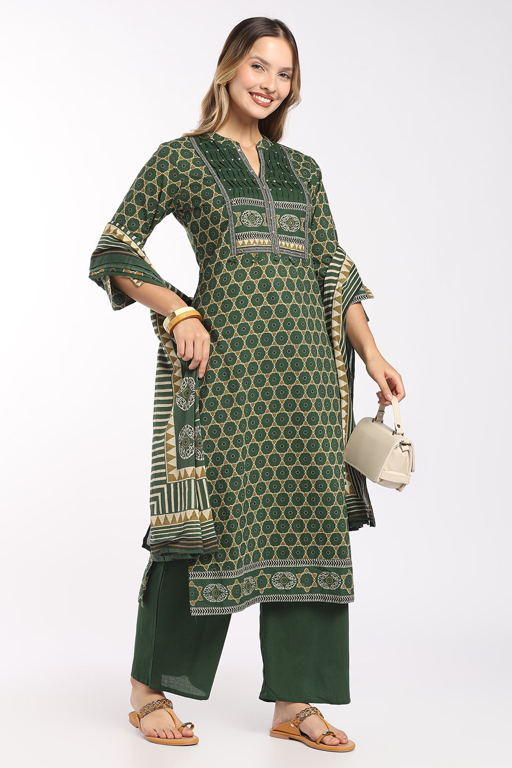 Mythri Women's Cotton Printed Salwar Set | Mandarin Collar Notch Neck Chudidar Set with 3/4 Sleeves | Daily, Office & Casual Ethnic Wear - 1519