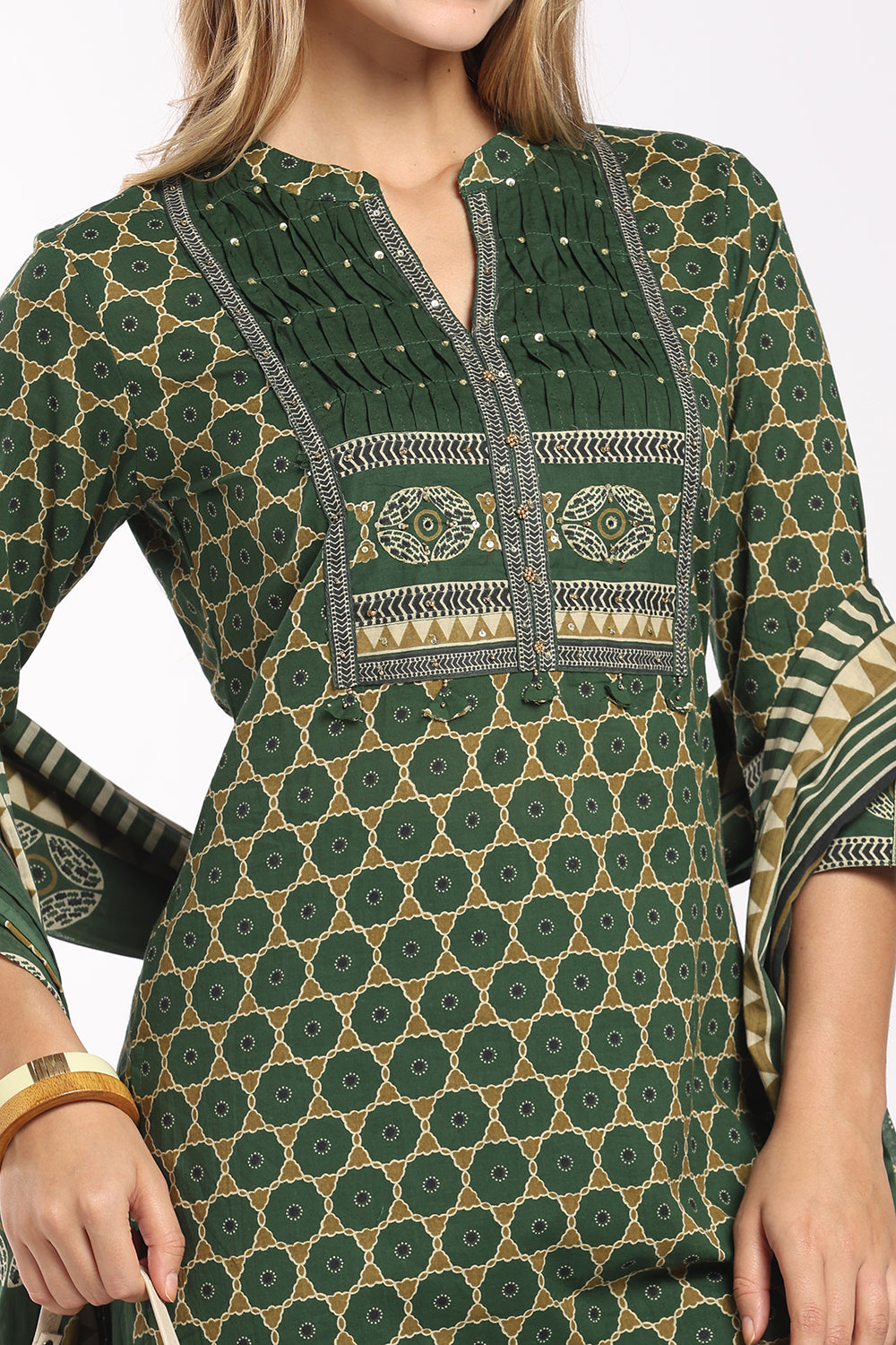 Mythri Women's Cotton Printed Salwar Set | Mandarin Collar Notch Neck Chudidar Set with 3/4 Sleeves | Daily, Office & Casual Ethnic Wear - 1519