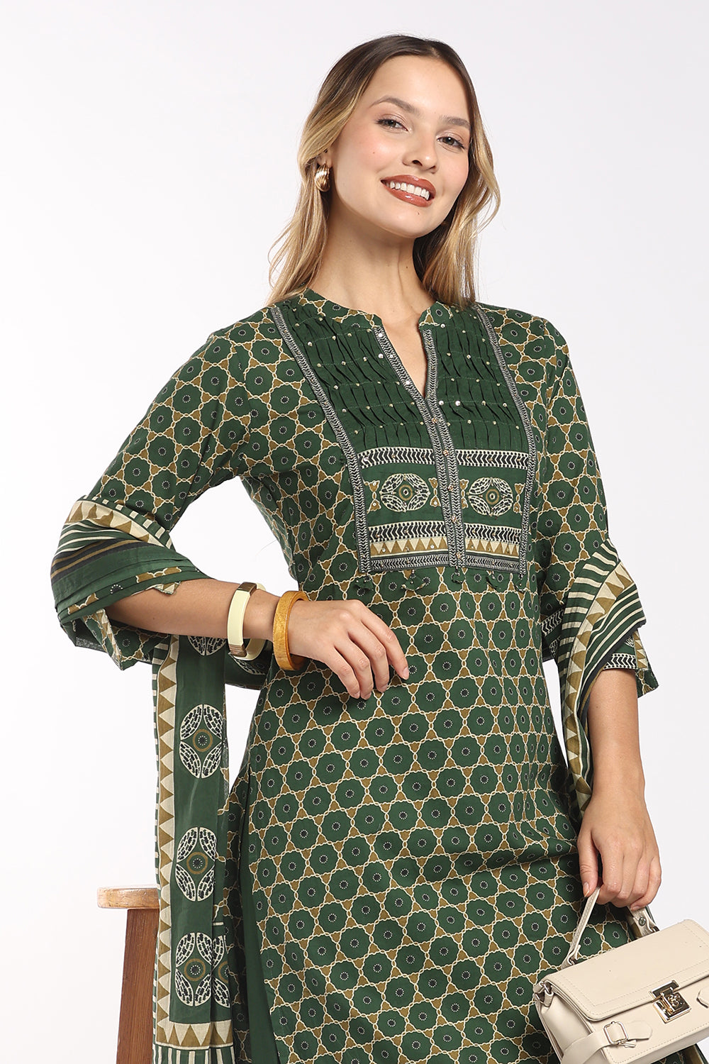 Mythri Women's Cotton Printed Salwar Set | Mandarin Collar Notch Neck Chudidar Set with 3/4 Sleeves | Daily, Office & Casual Ethnic Wear - 1519