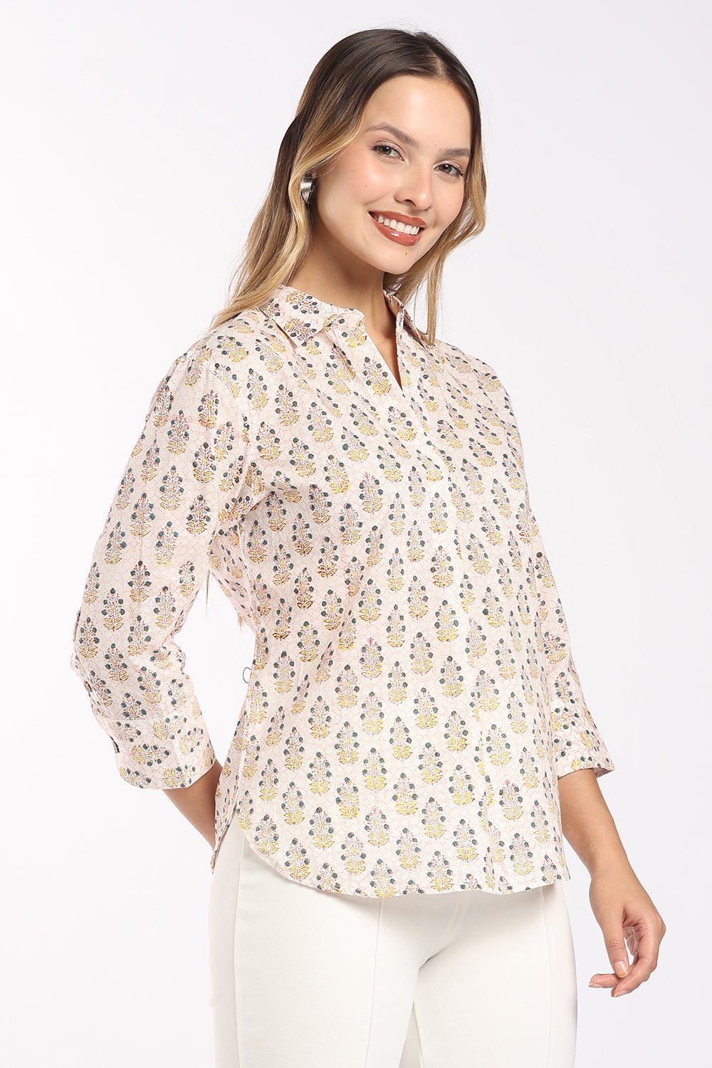 Mythri Women's Cotton Collared Top | Notch Neck 3/4 Sleeve Top with Inverted Pleat | Regular Fit Office, Casual & Daily Wear - SH04
