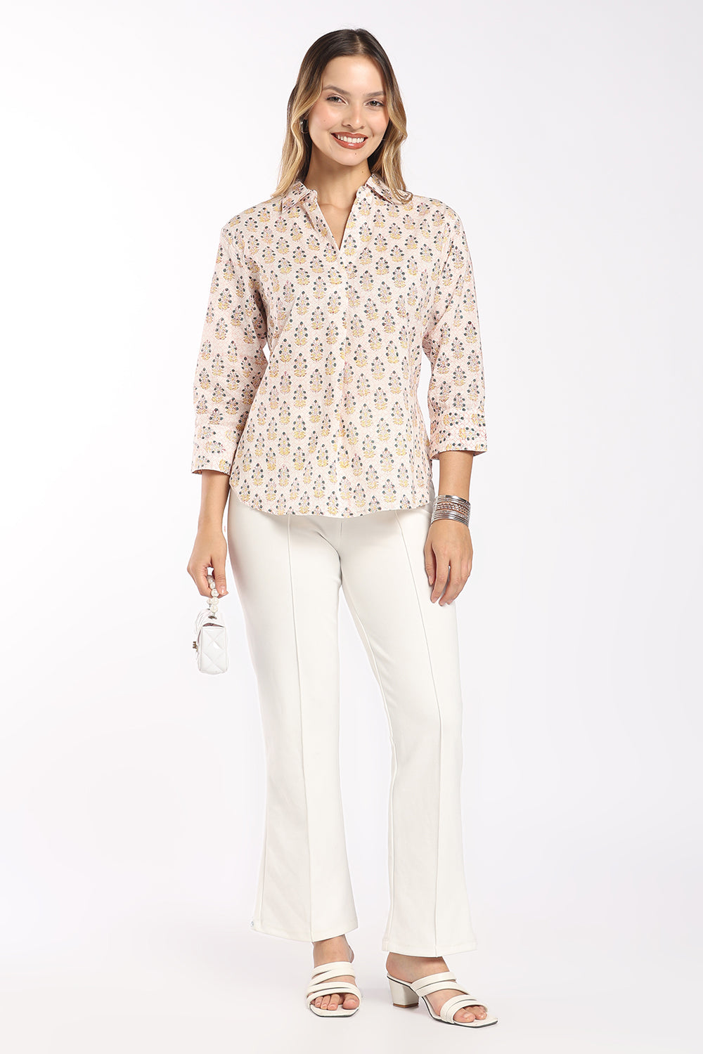 Mythri Women's Cotton Collared Top | Notch Neck 3/4 Sleeve Top with Inverted Pleat | Regular Fit Office, Casual & Daily Wear - SH04