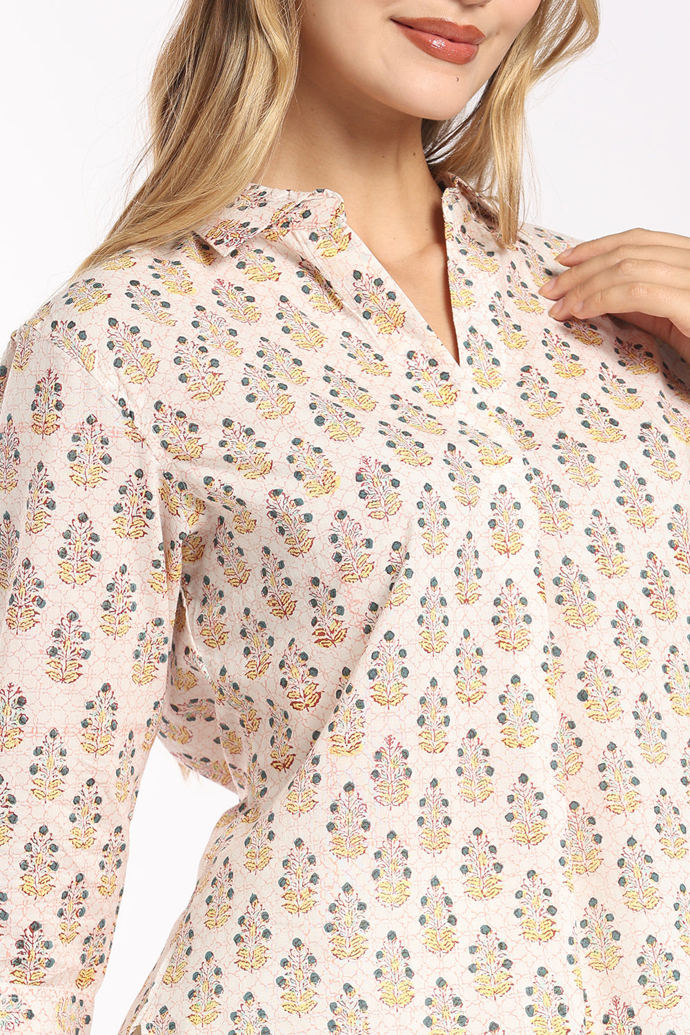 Mythri Women's Cotton Collared Top | Notch Neck 3/4 Sleeve Top with Inverted Pleat | Regular Fit Office, Casual & Daily Wear - SH04