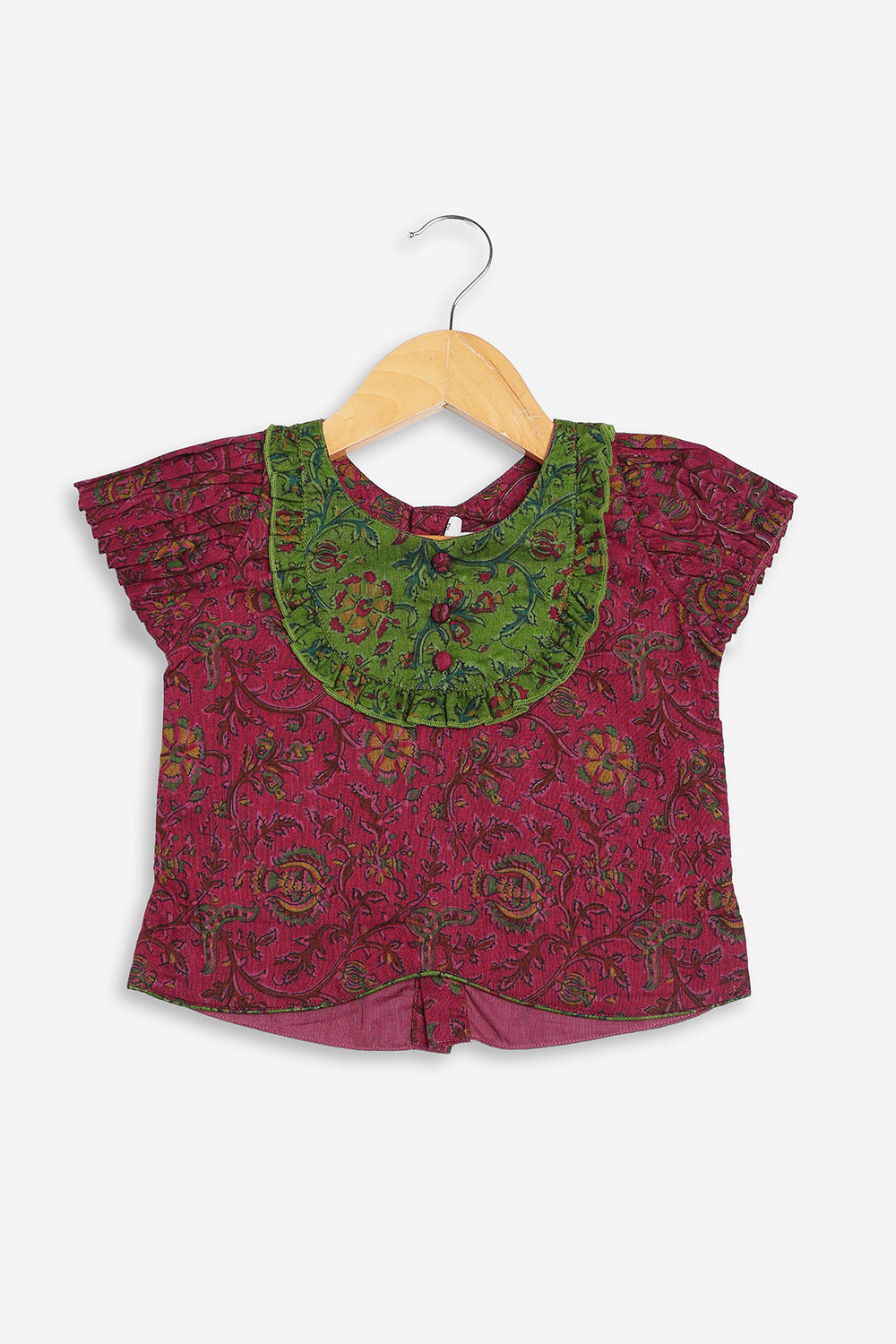 Chittythali Girls Cotton Silk Blend Pavadai Set | Pintuck Sleeve Top with Yoke Patchwork & Kali Skirt | Traditional Ethnic Festive Dress for Girls - PS33