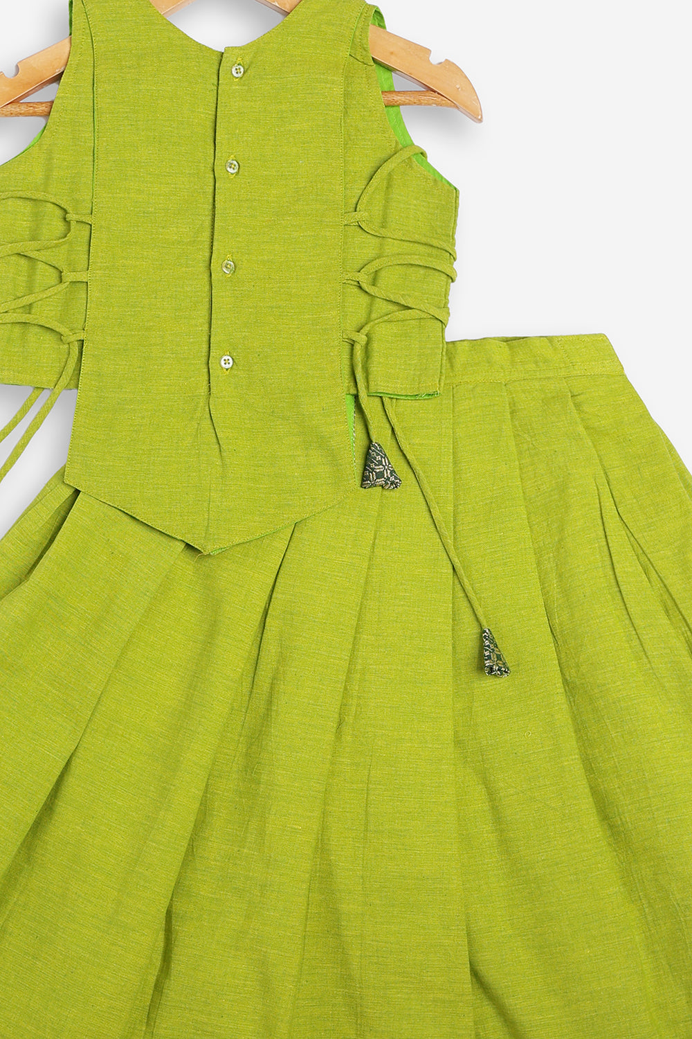 Chittythali Girls Handloom Cotton Pavadai Set | Mangalagiri Style Panelled Tie-Up Top with Knife Pleated Skirt | Traditional Ethnic Dress for Girls - PS93