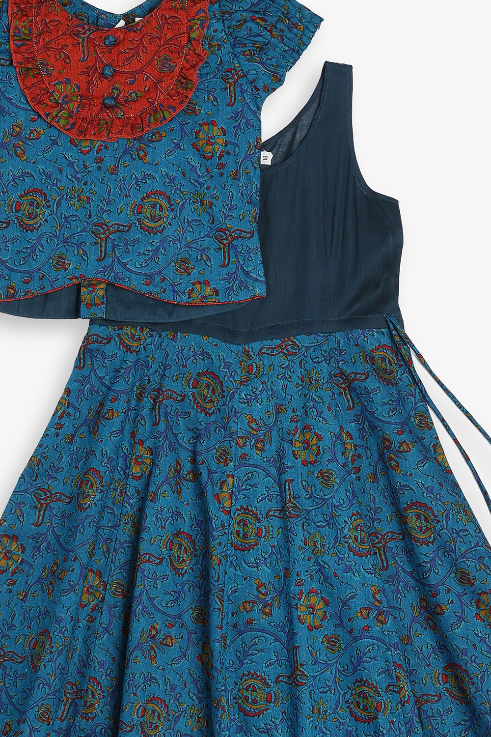 Chittythali Girls Cotton Silk Blend Pavadai Set | Pintuck Sleeve Top with Yoke Patchwork & Kali Skirt | Traditional Ethnic Festive Dress for Girls - PS33
