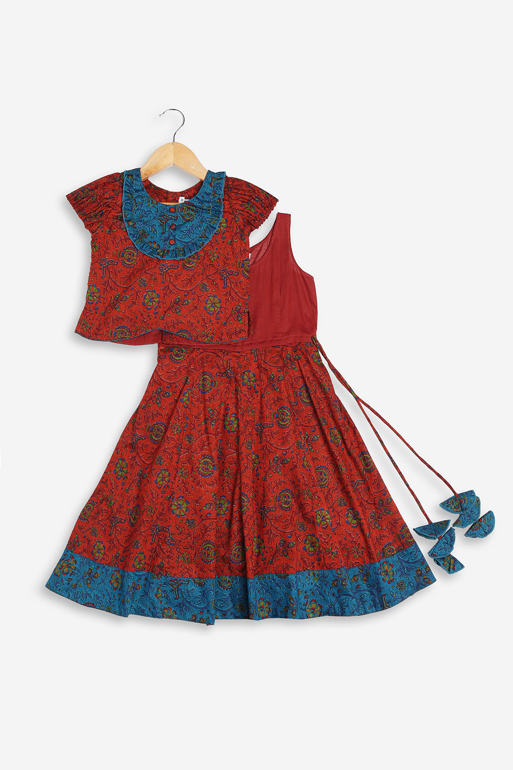 Chittythali Girls Cotton Silk Blend Pavadai Set | Pintuck Sleeve Top with Yoke Patchwork & Kali Skirt | Traditional Ethnic Festive Dress for Girls - PS33