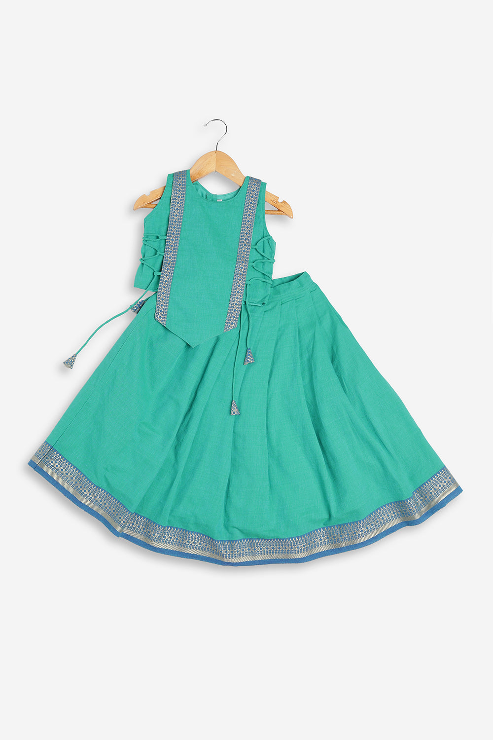 Chittythali Girls Handloom Cotton Pavadai Set | Mangalagiri Style Panelled Tie-Up Top with Knife Pleated Skirt | Traditional Ethnic Dress for Girls - PS93