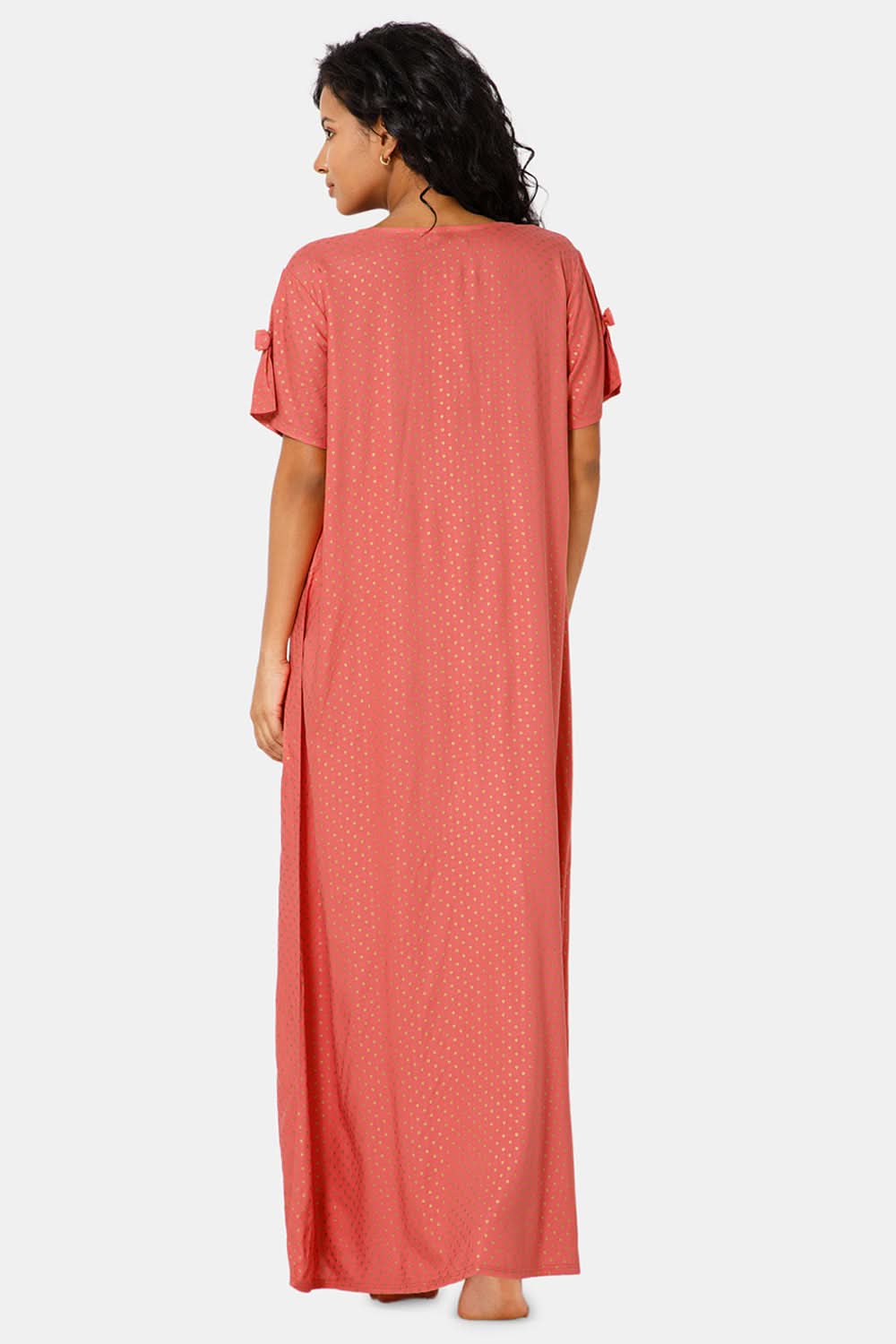 Naidu Hall Round Neck Box Pleatted Short Sleeve Printed Nighty-Pink - NT44
