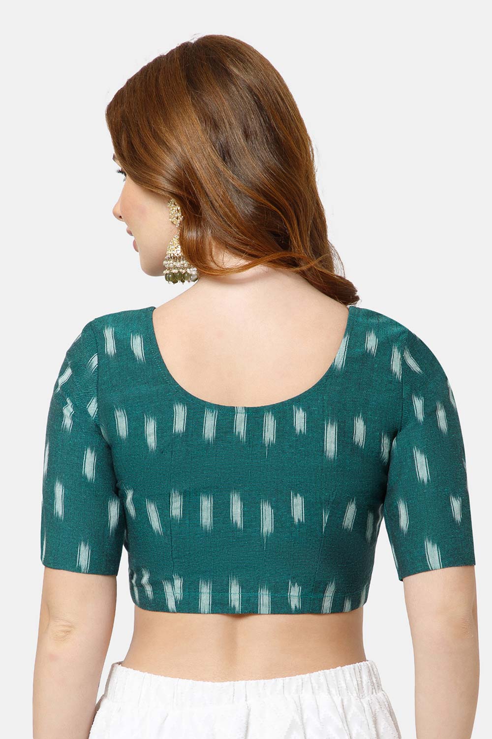 Naidu Hall Women’s Cotton Blouse | Woven U-Neck Ethnic Blouse with Elbow Sleeves & Front Closure - Teal Green - BU17