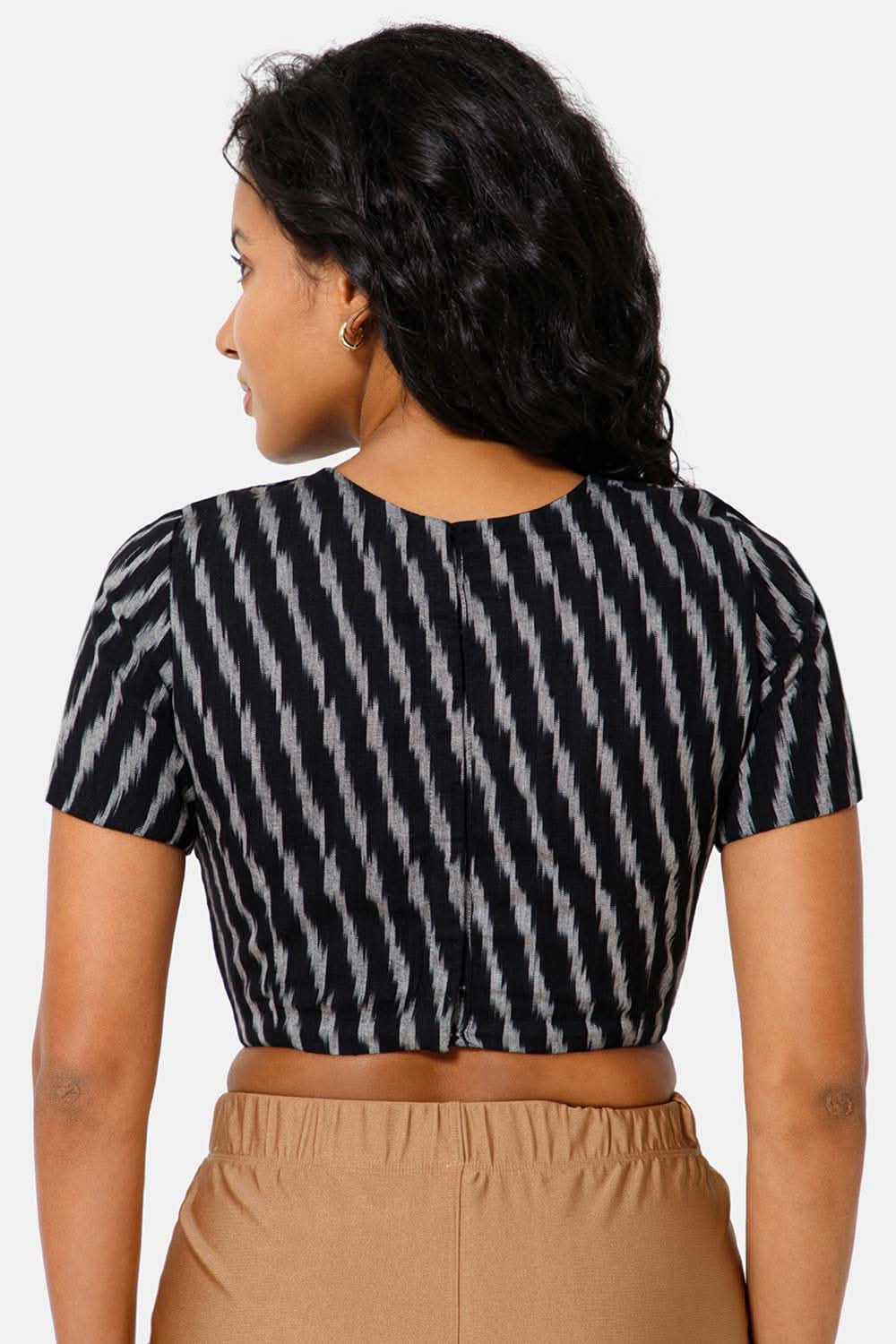 Naiduhall Princess Cut High Neck Short Sleeve Ikat Blouse - Black - BU09