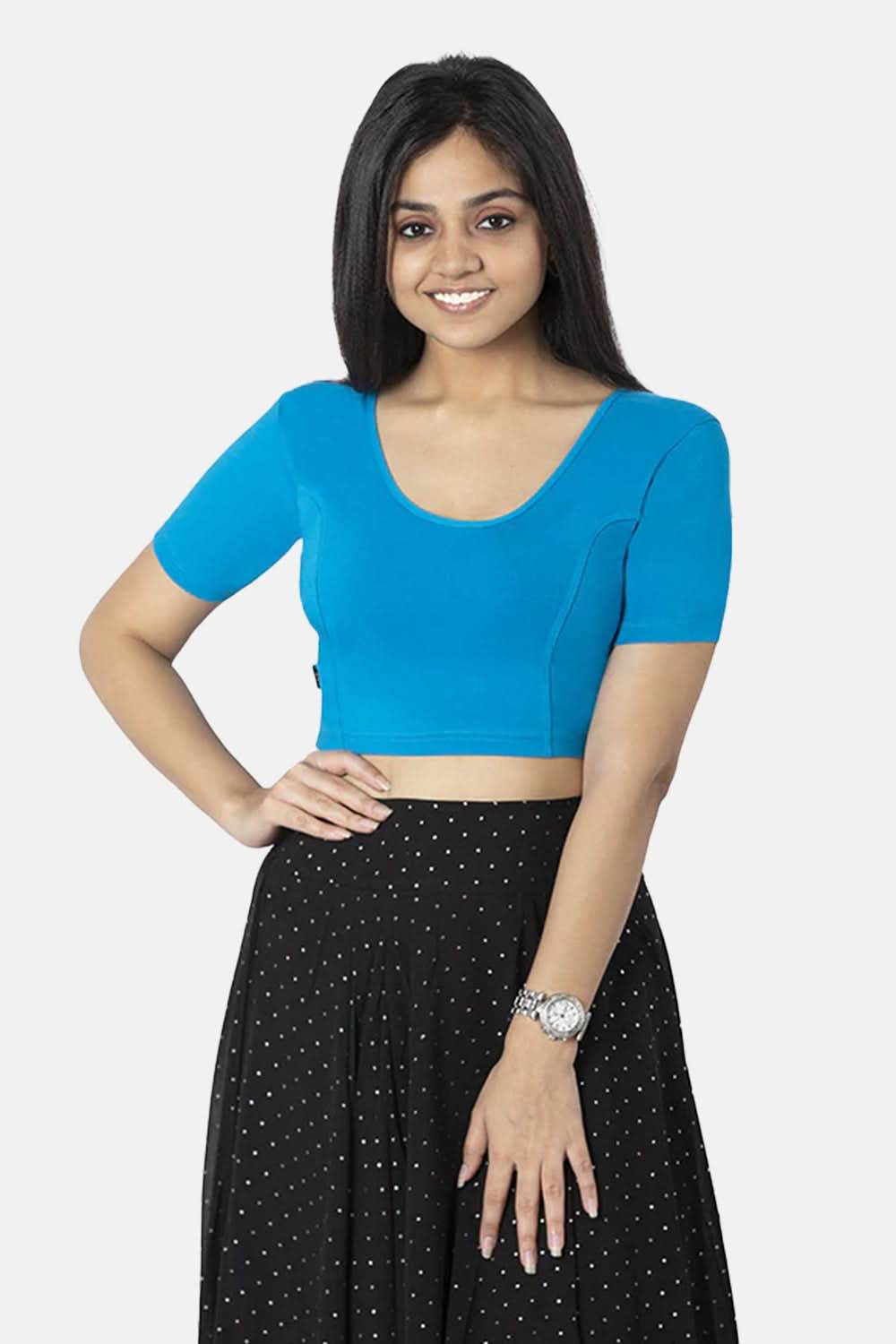 Full Coverage Non-Wired Non-Padded Knitted Blouse With Round Neck Princess Cut Short Sleeve - Blue - Naidu Hall Family Store