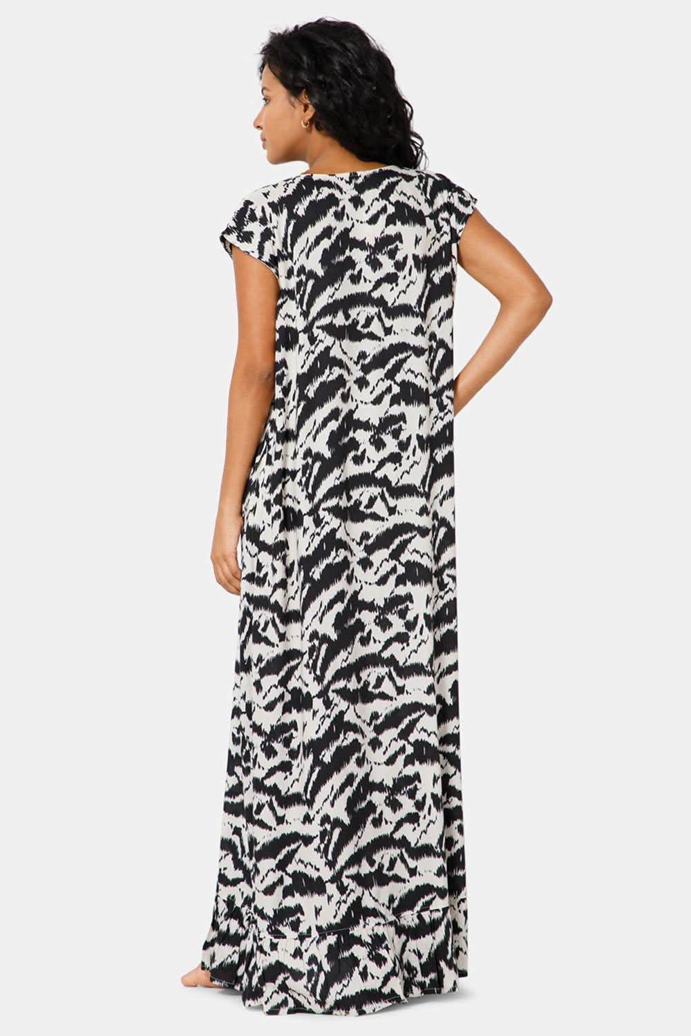 Naidu Hall Front Open Round Neck Mega Sleeve Printed Nighty-Black print-2 - NT39 - Naidu Hall Family Store