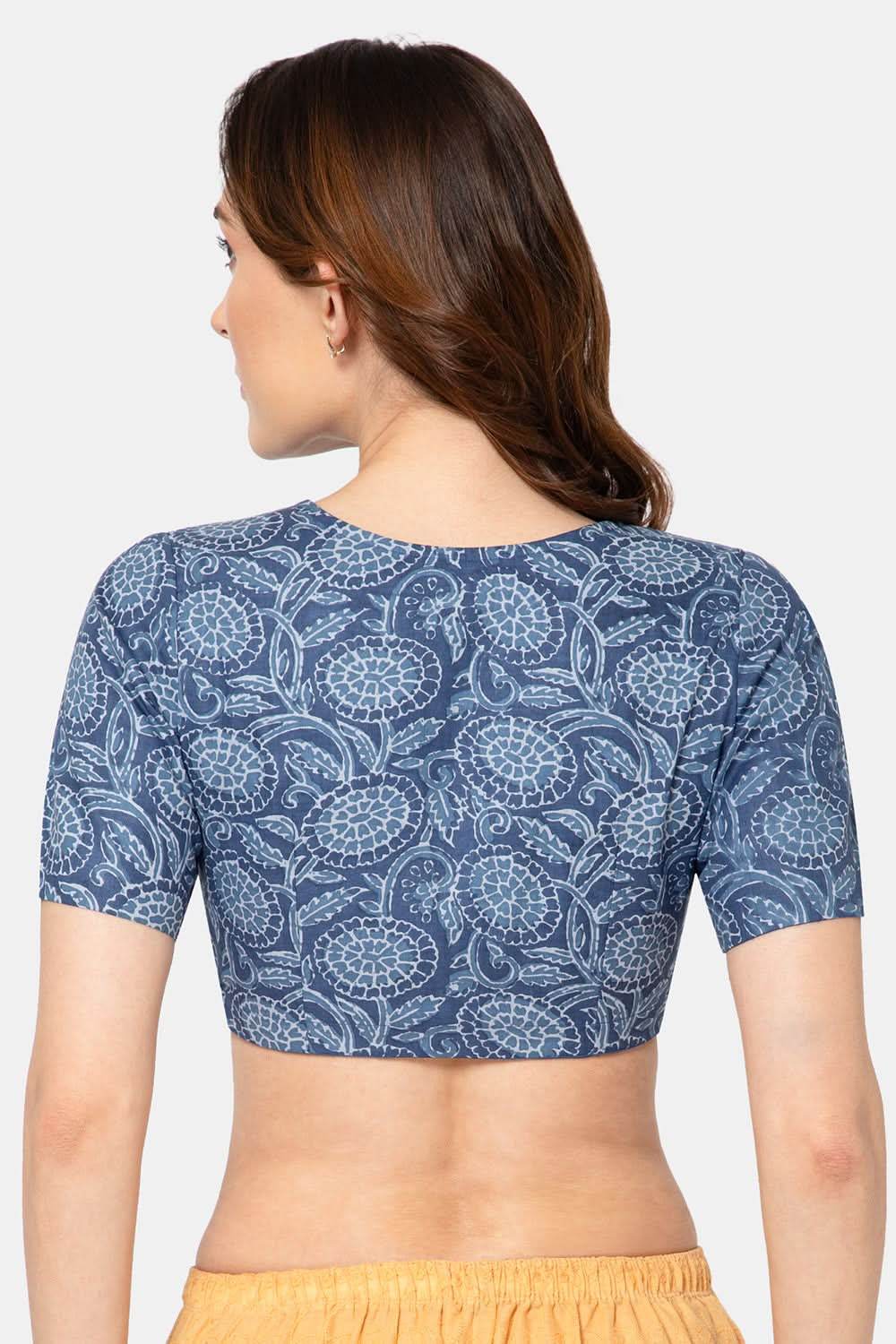 Naidu Hall Elegant Block Print Cotton Blouse for Women with V-Neck, Elbow Sleeves, and Soft Inner Lining - Light Blue - BU15 - Naidu Hall Family Store