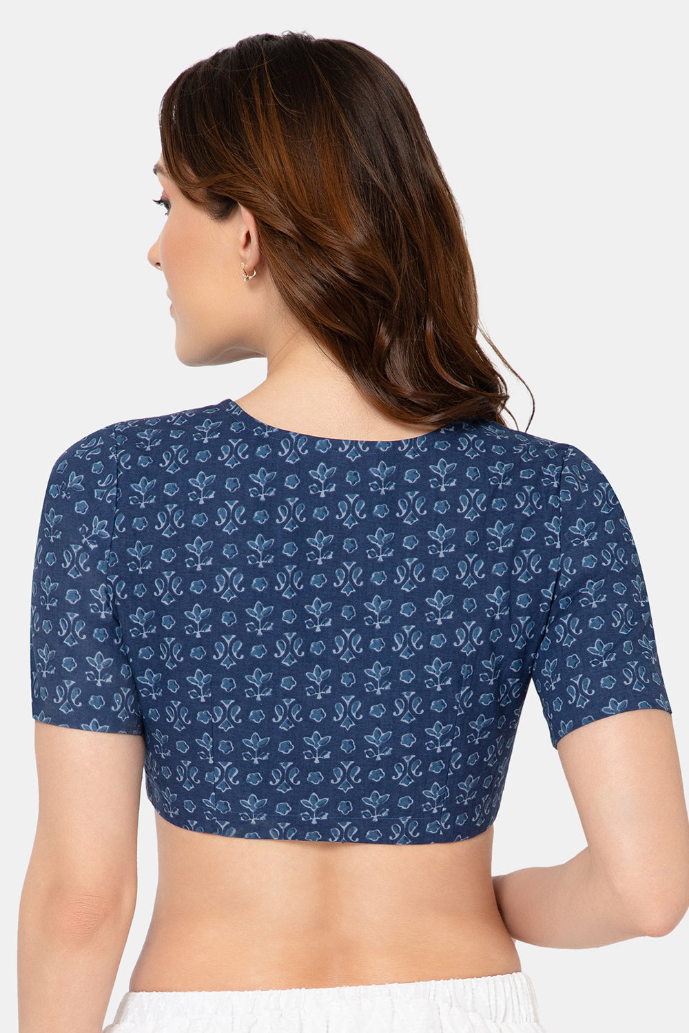 Naidu Hall Women’s Designer Cotton Ikat Blouse V-Neck Front Open with Elbow Sleeves - Dark Blue - BU16