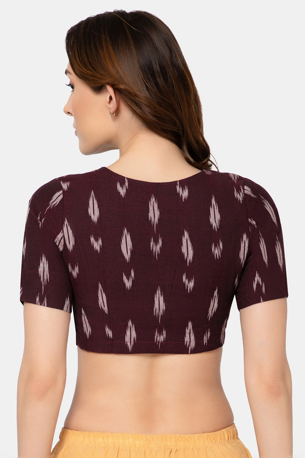 Naidu Hall Women’s Designer Cotton Ikat Blouse V-Neck Front Open with Elbow Sleeves - Wine - BU16