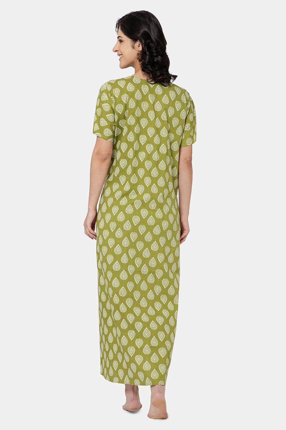 Naidu Hall Women's Printed A-Line Nighty with Square Neck and Ruffle Detailing - Green - N101