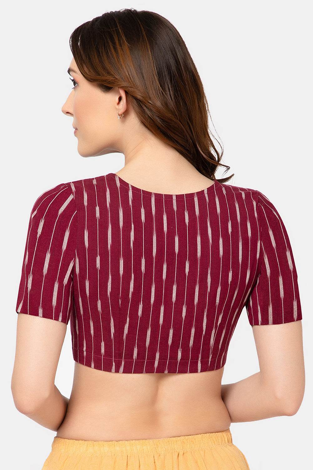 Naidu Hall Women’s Designer Cotton Ikat Blouse V-Neck Front Open with Elbow Sleeves - Maroon - BU16 - Naidu Hall Family Store