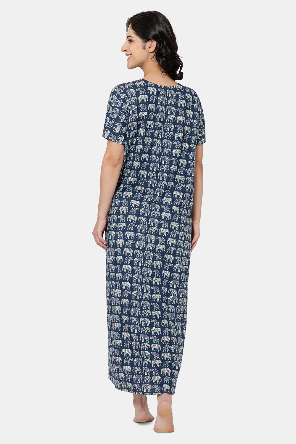 Naidu Hall Women's Printed A-Line Nighty with Square Neck and Ruffle Detailing - Dark Blue - N104