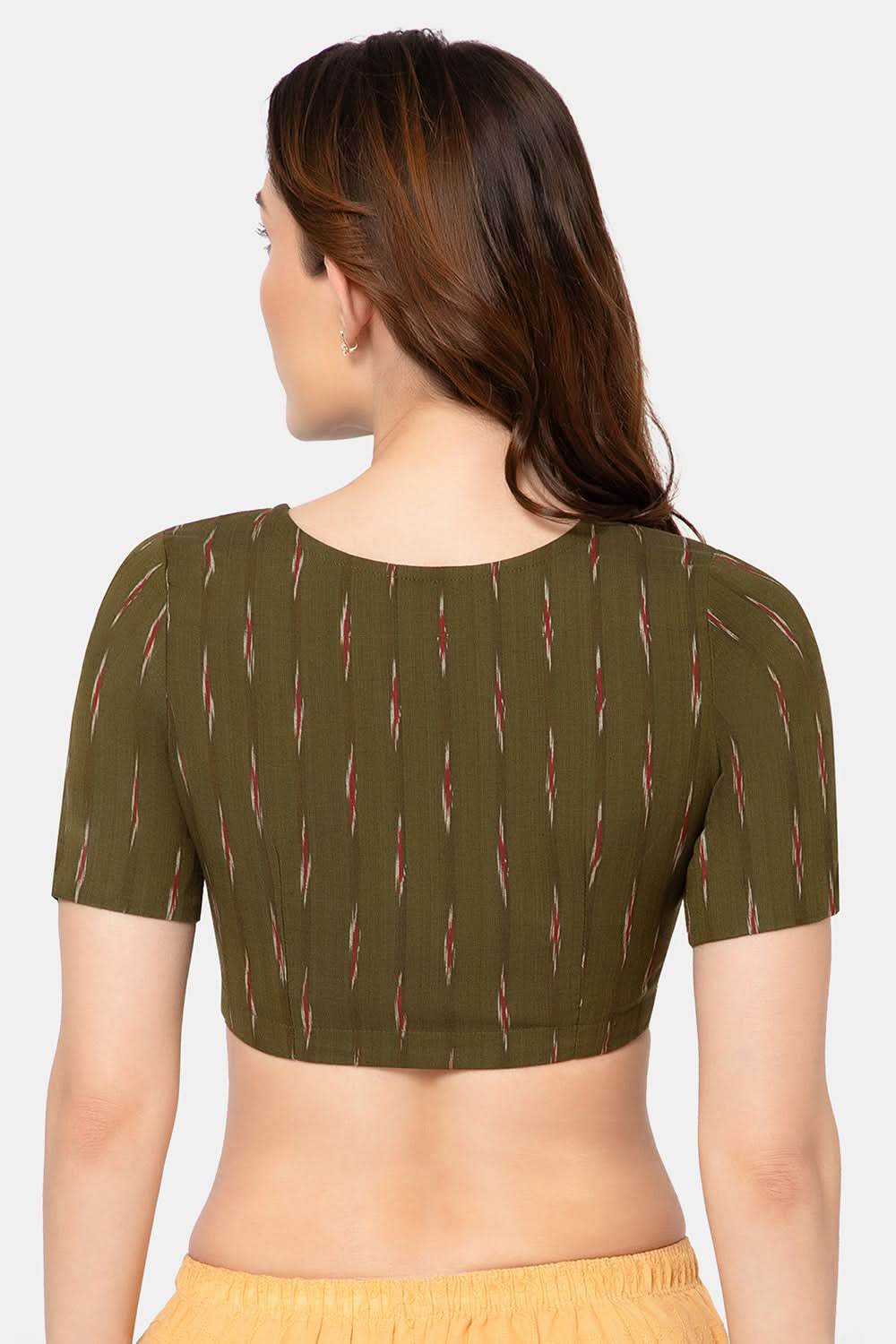 Naidu Hall Designer Cotton Ikat Blouse for Women with V-Neck, Front Open, and Soft Lining - Olive - BU15 - Naidu Hall Family Store