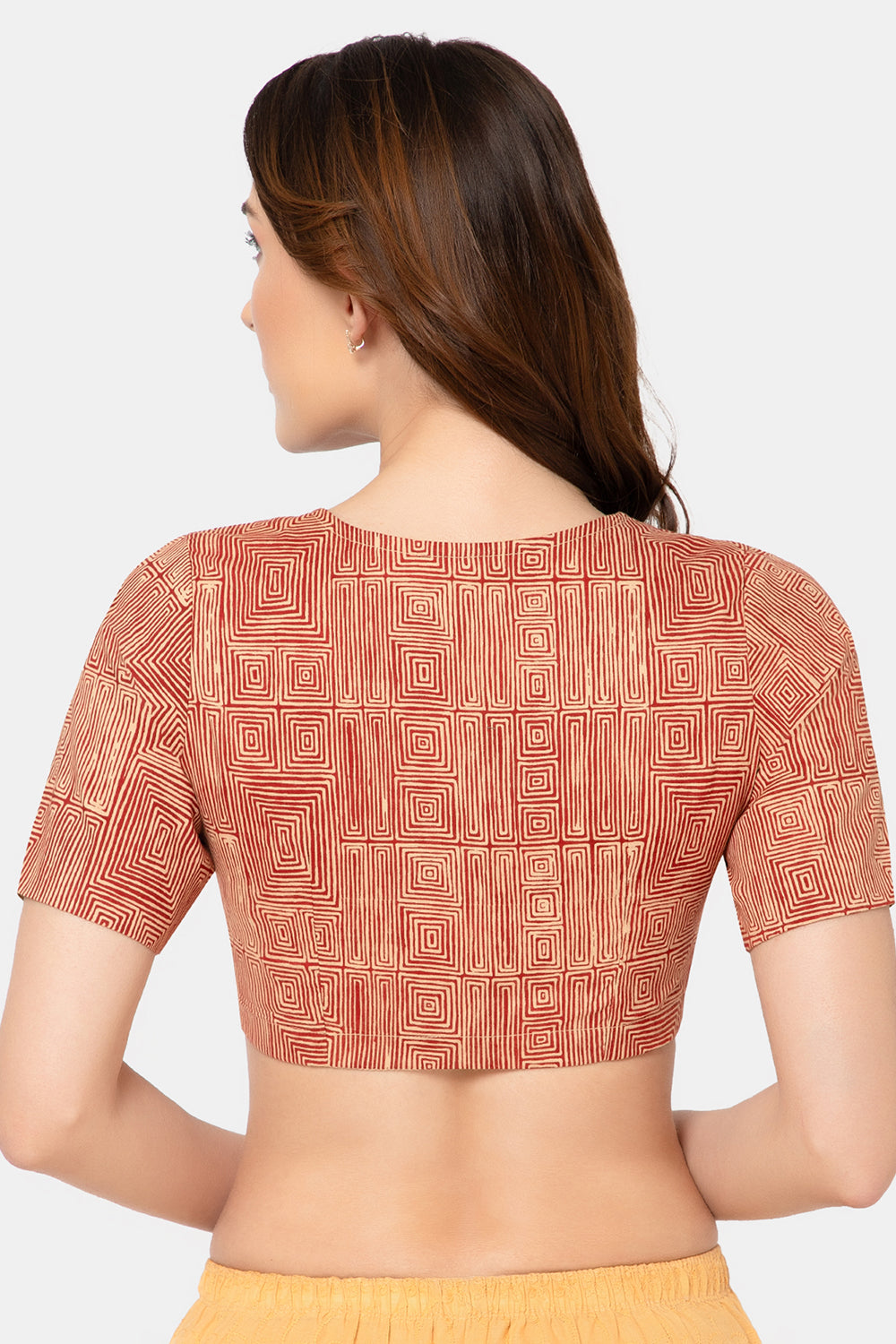Naidu Hall Women’s Designer Cotton Ikat Blouse V-Neck Front Open with Elbow Sleeves - Red - BU16