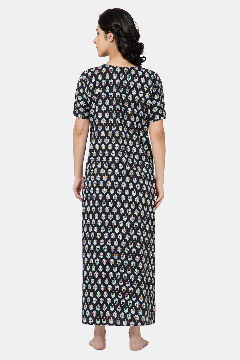 Naidu Hall Women's Printed A-Line Nighty with Square Neck and Ruffle Detailing - Black - N103