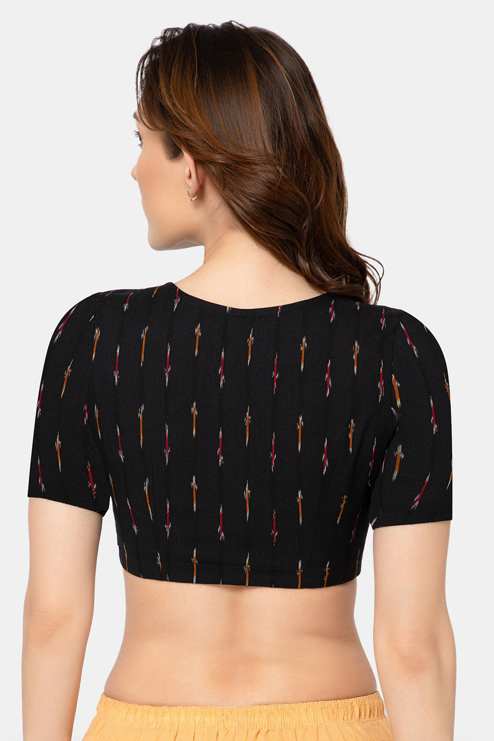 Naidu Hall Women’s Designer Cotton Ikat Blouse V-Neck Front Open with Elbow Sleeves - Black - BU16