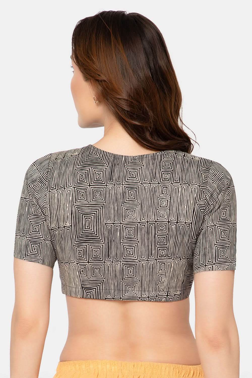 Naidu Hall Elegant Block Print Cotton Blouse for Women with V-Neck, Elbow Sleeves, and Soft Inner Lining - Black - BU15 - Naidu Hall Family Store