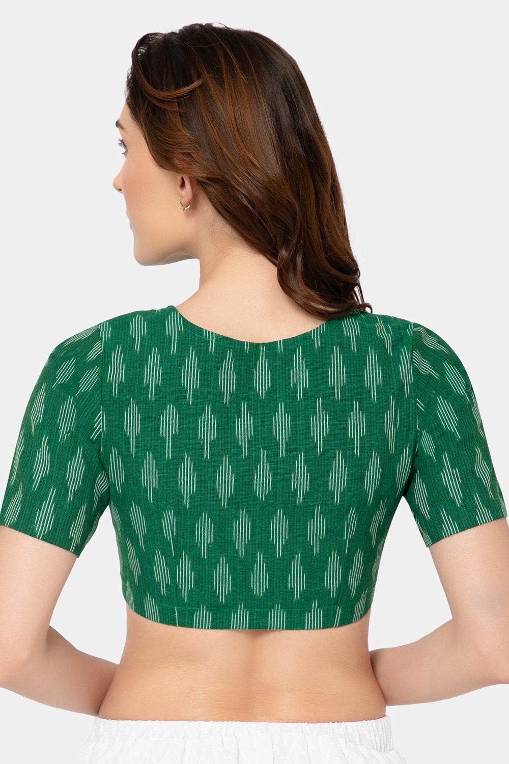 Naidu Hall Women’s Designer Cotton Ikat Blouse V-Neck Front Open with Elbow Sleeves - Green - BU16