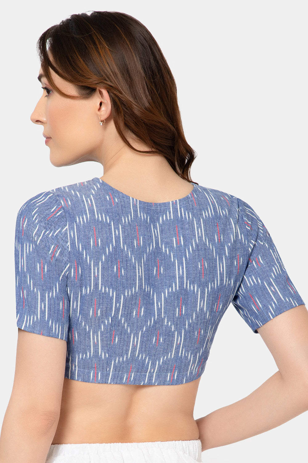 Naidu Hall Women’s Designer Cotton Ikat Blouse V-Neck Front Open with Elbow Sleeves - Navy Blue - BU16