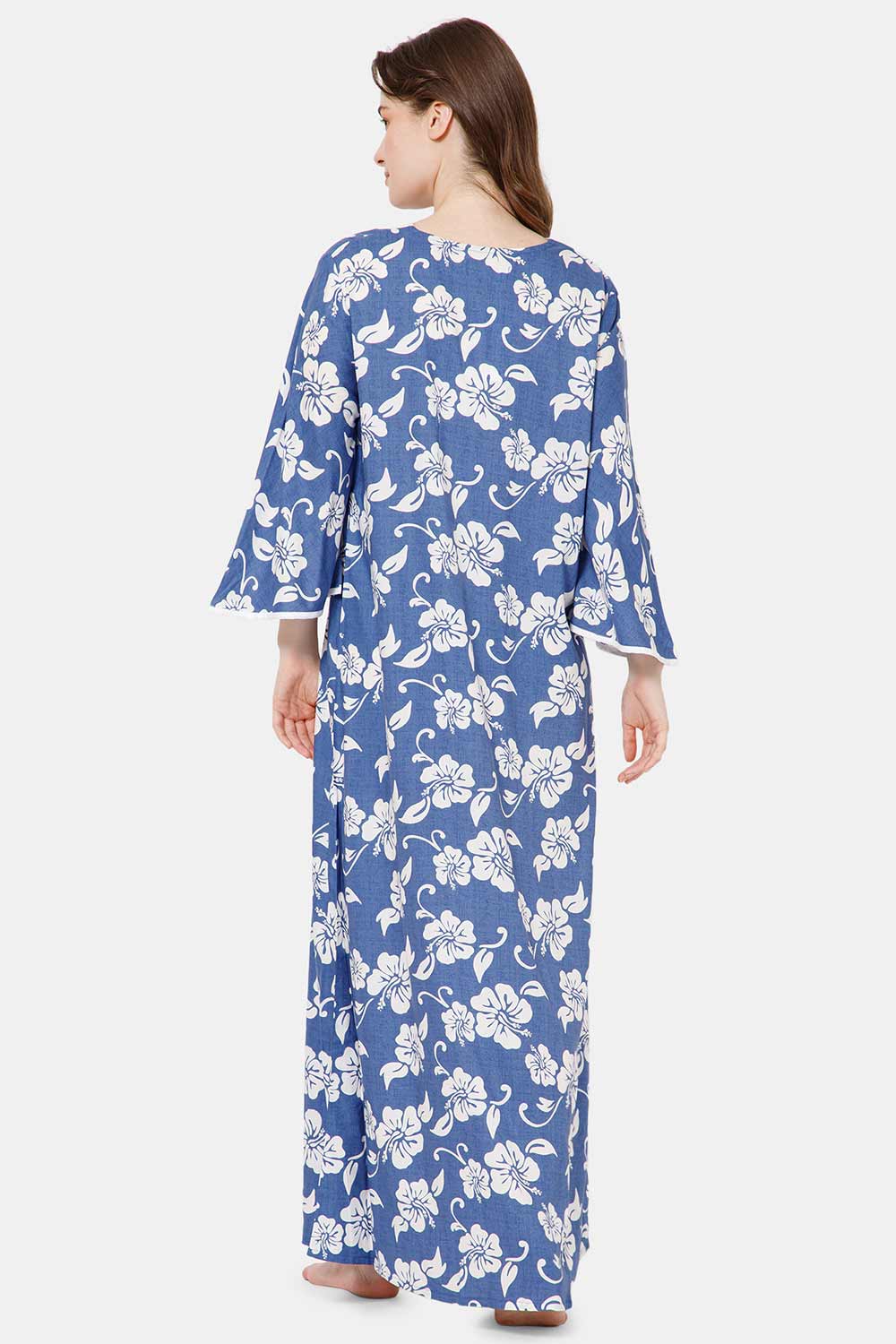 Naidu Hall V Neck Printed Nighty with Long Bell Sleeves - Navy Blue - NT40