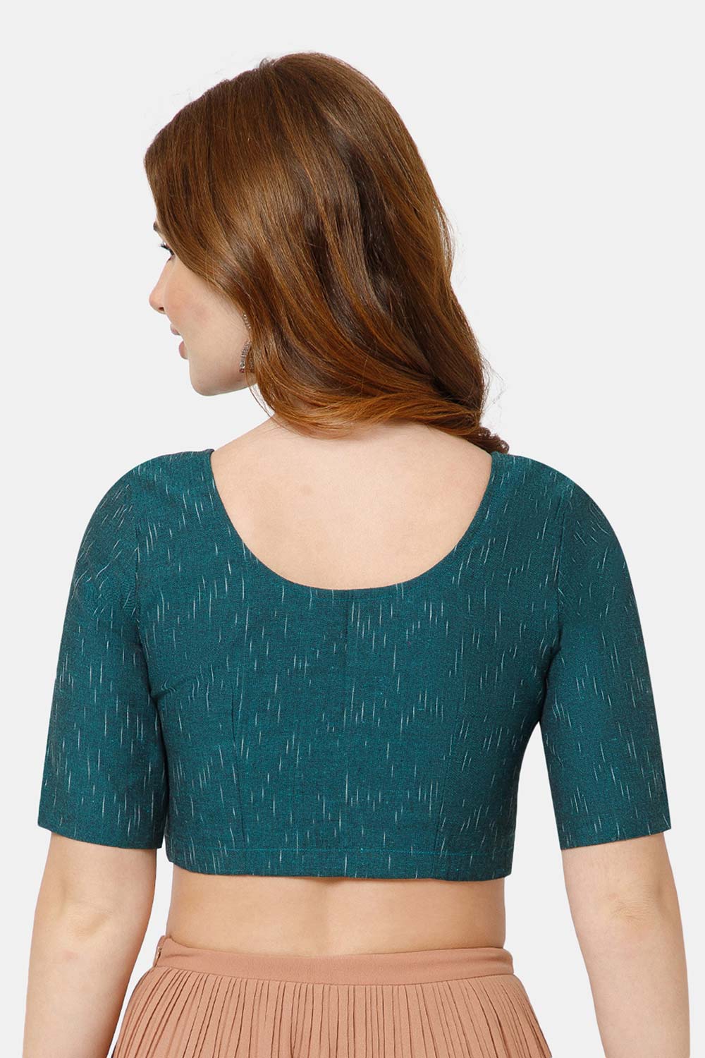 Naidu Hall Women’s Cotton Blouse | Woven U-Neck Ethnic Blouse with Elbow Sleeves & Front Closure - Teal Green-2 - BU17