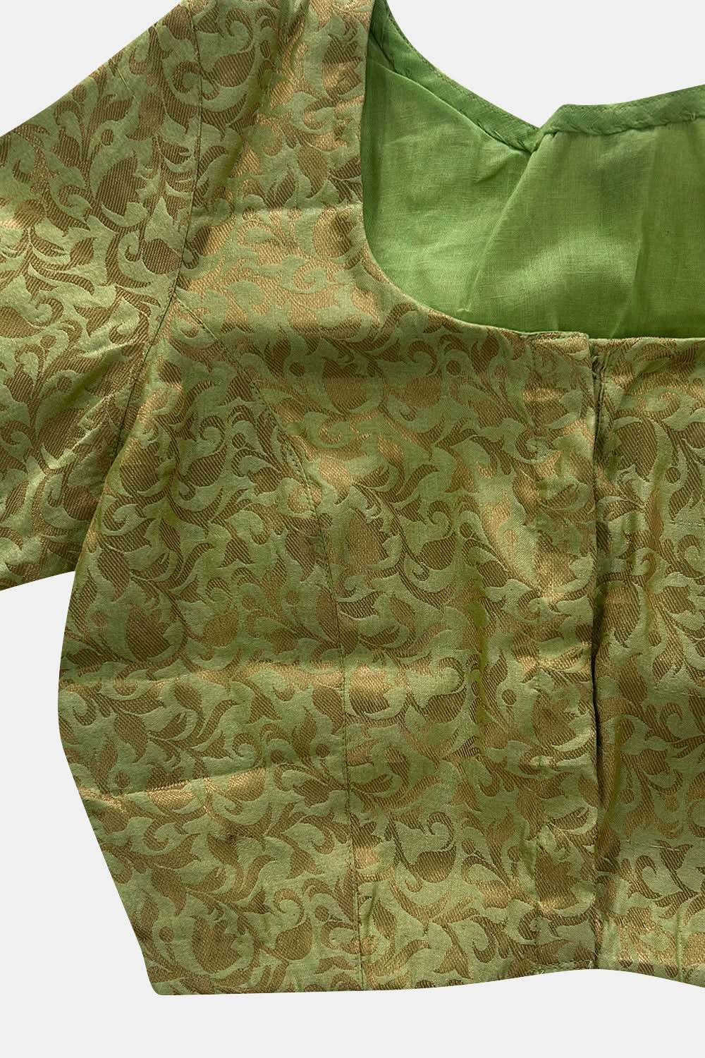 Naidu Hall V Neck Princess Cut Elbow Sleeve Back Open Brocade1 Saree Blouse - Olive - BU12 - Naidu Hall Family Store