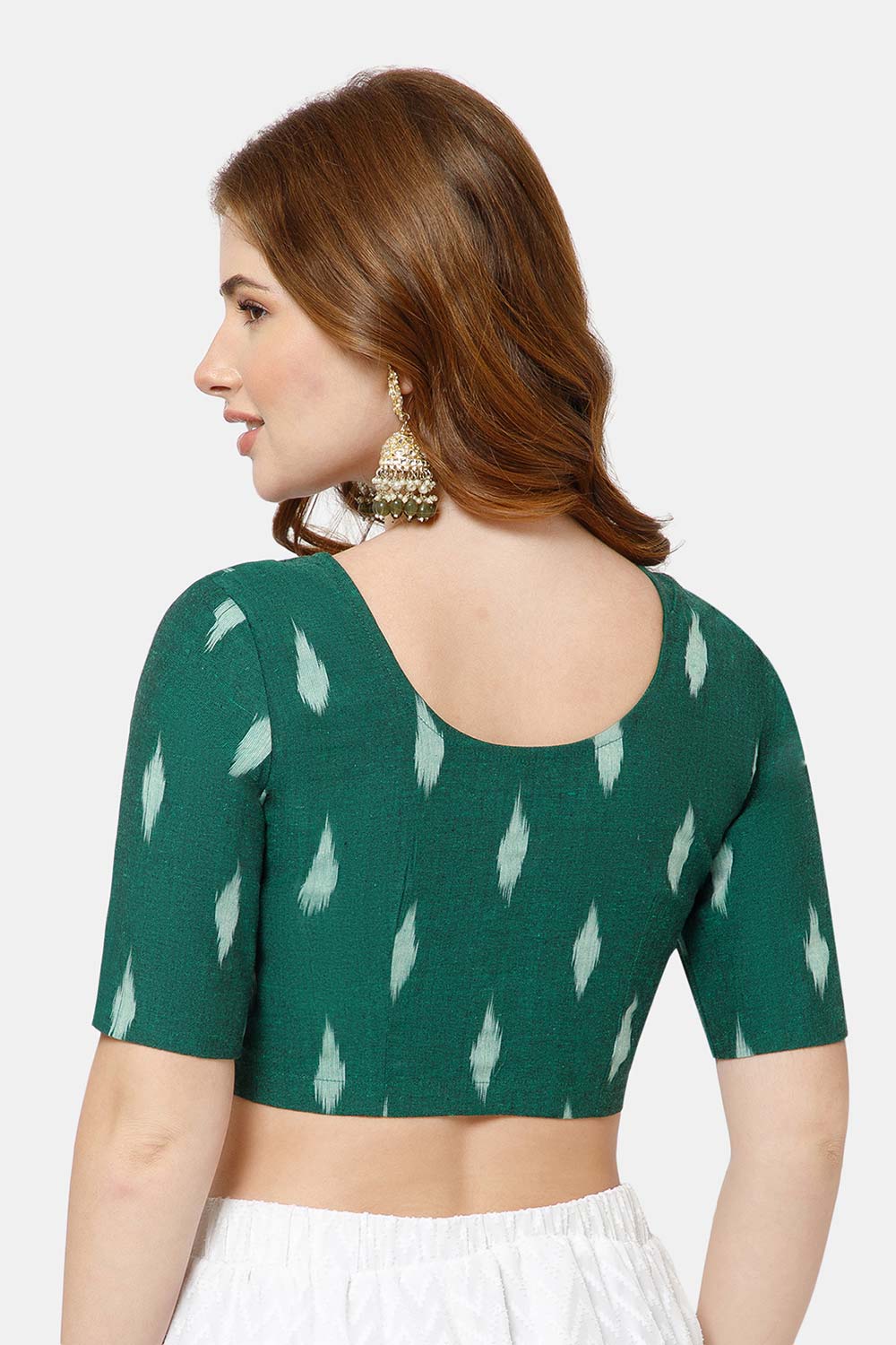 Naidu Hall Women’s Cotton Blouse | Woven U-Neck Ethnic Blouse with Elbow Sleeves & Front Closure - Dark Green - BU17