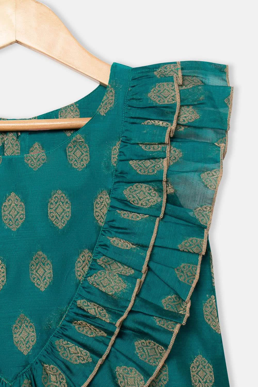 Chittythalli Girls Pavadai Set with Two-Layer Ruffle Top & Tassel-Detail Kali Skirt - Teal Green - PS79 - Naidu Hall Family Store