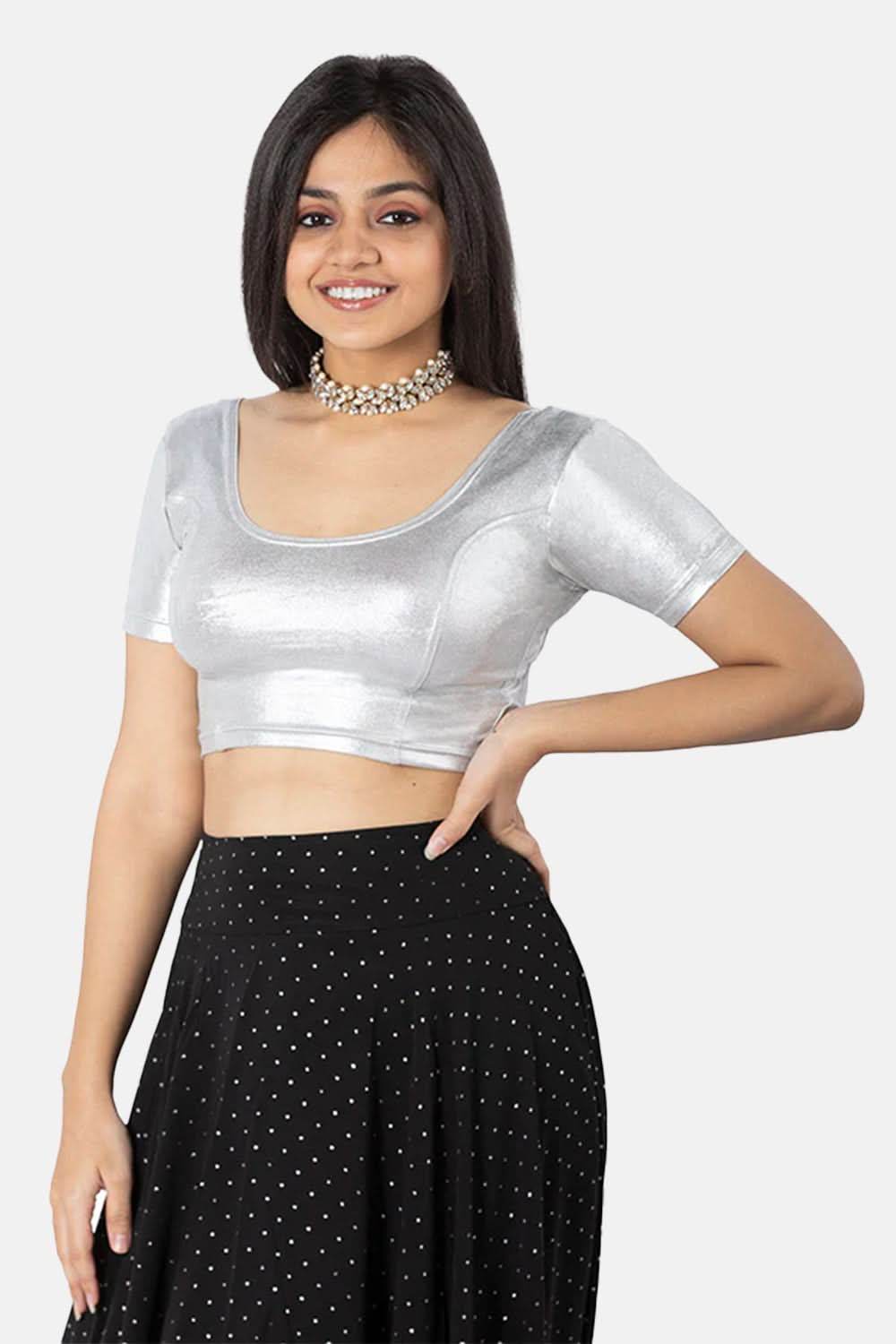 Full Coverage Non-Padded Knitted Blouse With Round Neck Princess Cut Short Sleeve - Silver - Naidu Hall Family Store