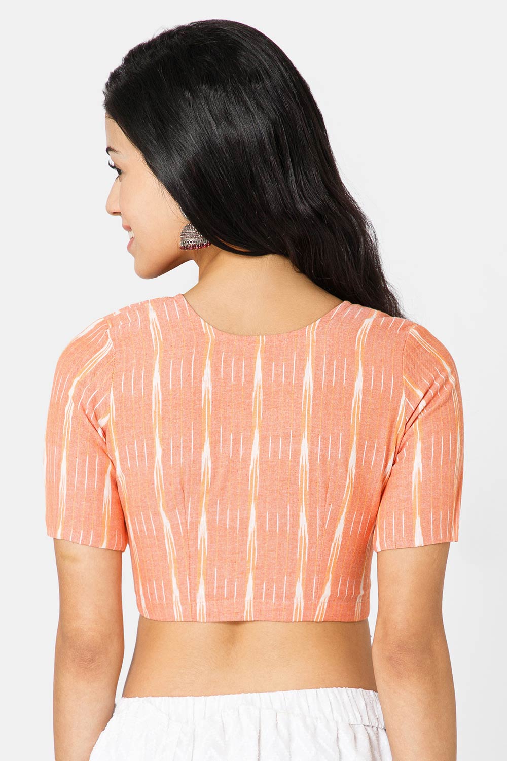 Naidu Hall Women’s Designer Cotton Ikat Blouse V-Neck Front Open with Elbow Sleeves - Peach - BU16